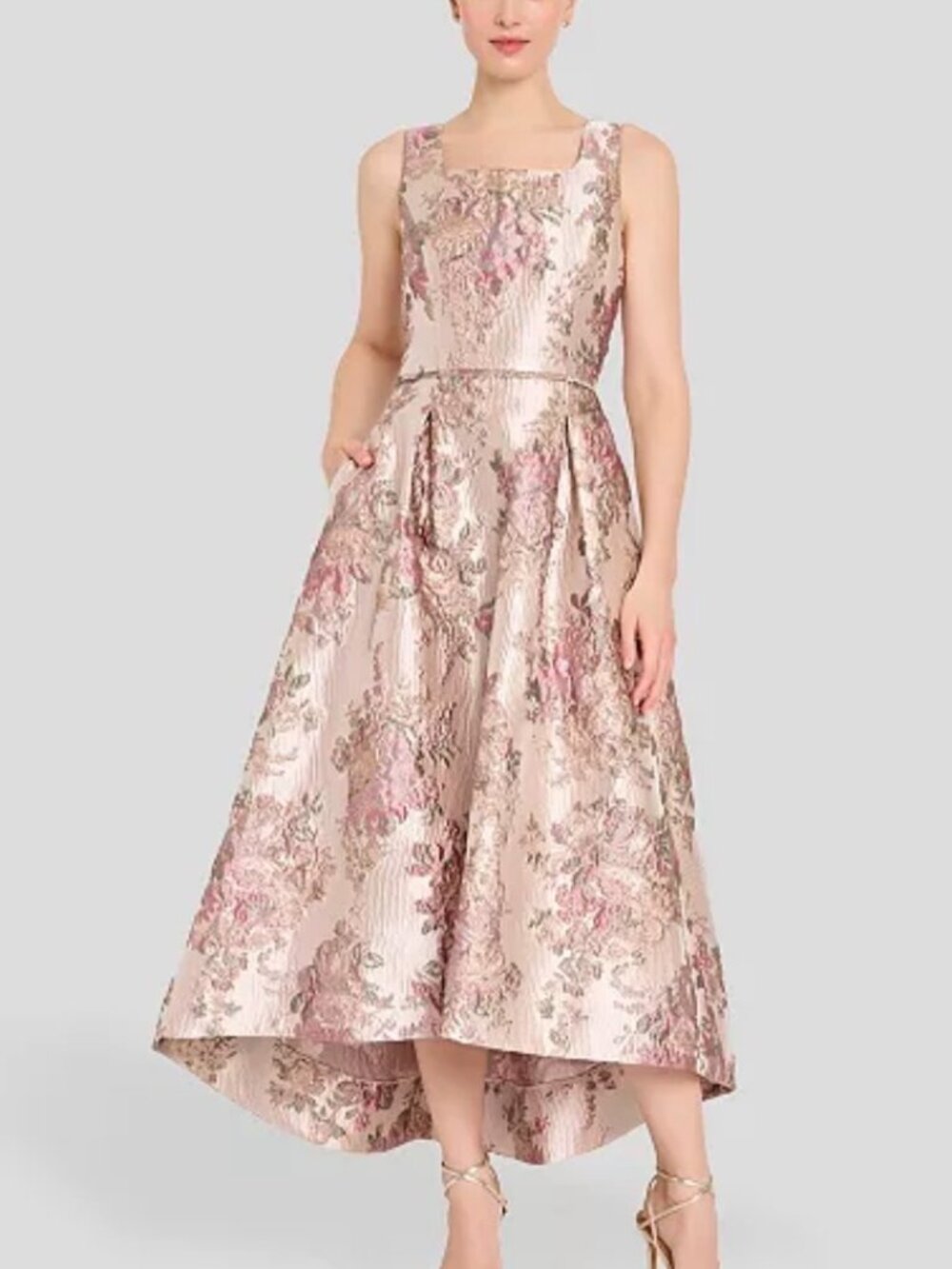 NWT Tahari ASL Metallic Jacquard High-Low Square Neck Dress. Size 14